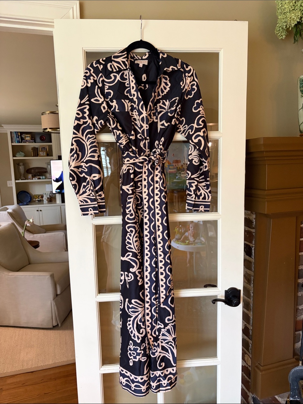 Printed Long Sleeve Maxi Wrap Dress - Navy & Cream